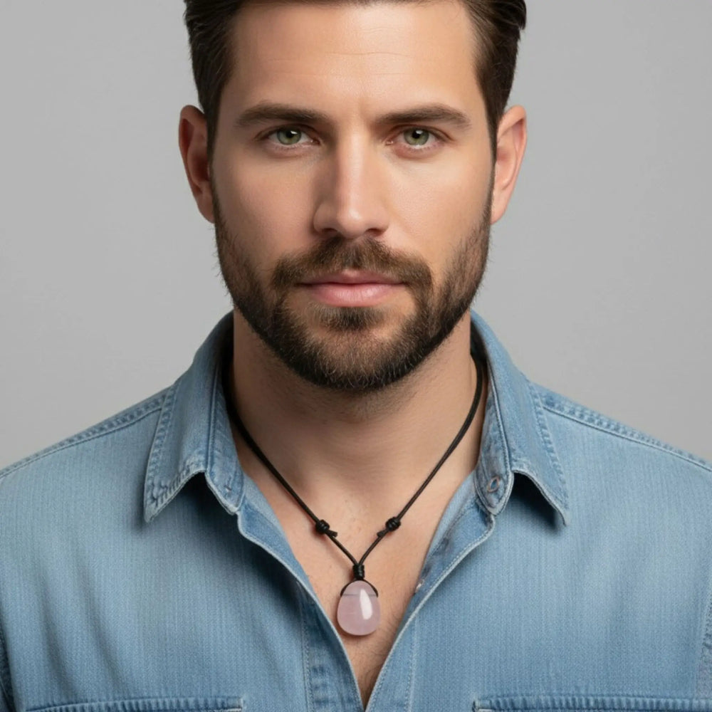 Man wearing a blue denim shirt and a necklace with a rose quartz stone on a gray background
