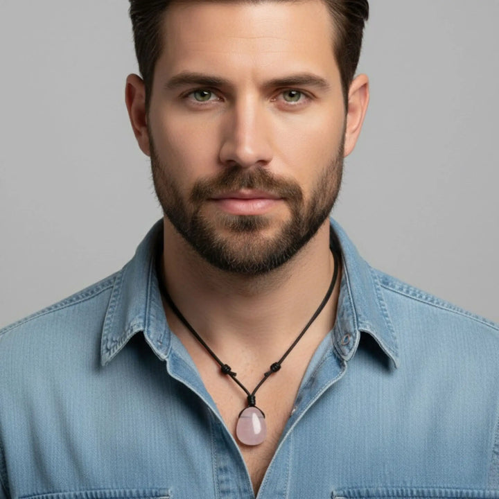 Man wearing a blue denim shirt and a necklace with a rose quartz stone on a gray background