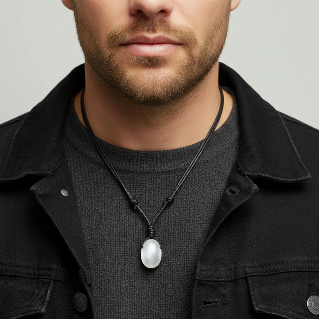 Man wearing a black jacket and necklace with a white selenite pendant on a neutral background
