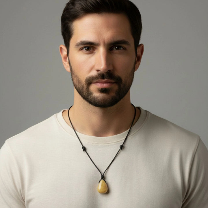 Man wearing a beige shirt and calcite necklace with a gray background