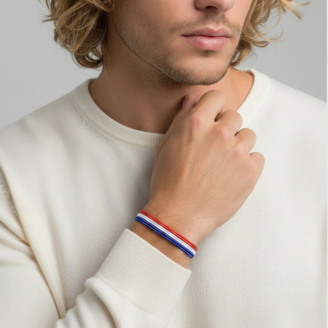 Man wearing a white sweater with a USA flag cord bracelet on a gray background
