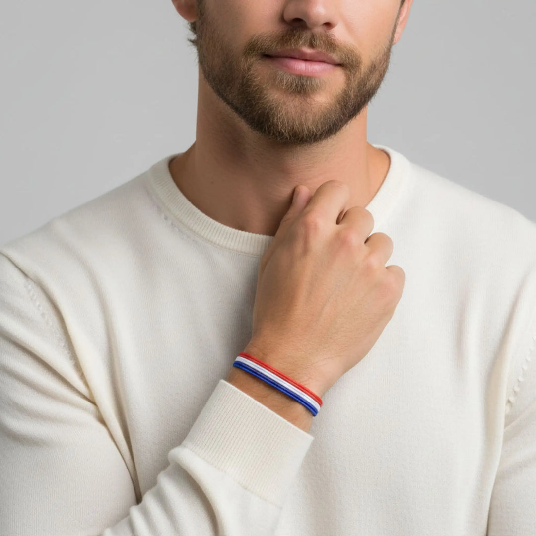Man wearing a white sweater with a USA flag cord bracelet on a gray background