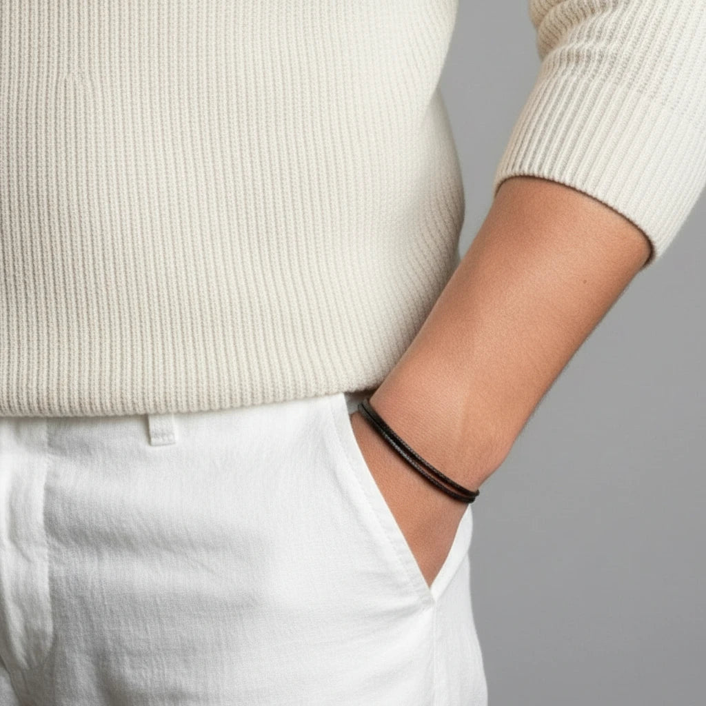 Person wearing a beige sweater and blue jeans with a black bracelet on a gray background