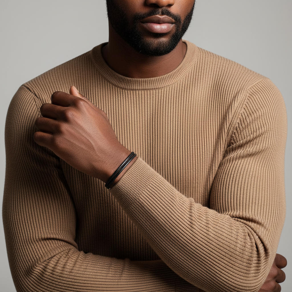 Man wearing a beige sweater against a neutral background with a thick black bracelet
