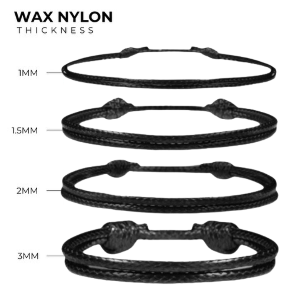 wax nylon thickness chart showing all diameters in black cord.