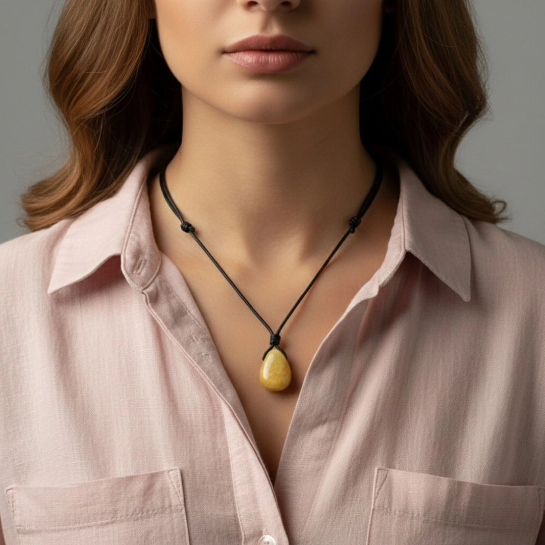 Woman wearing a pink shirt with a necklace featuring a calcite pendant against a neutral background