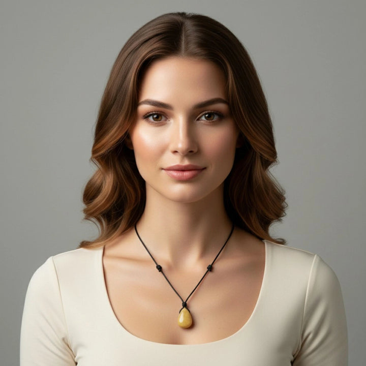 Woman wearing a necklace with a calcite pendant against a gray background