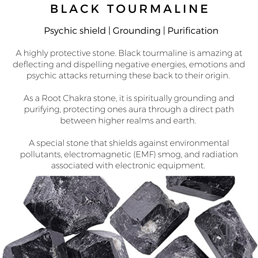 Black tourmaline stone information card with images of raw stones.