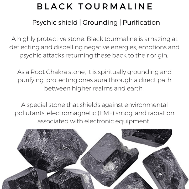 Black tourmaline stone information card with images of raw stones.